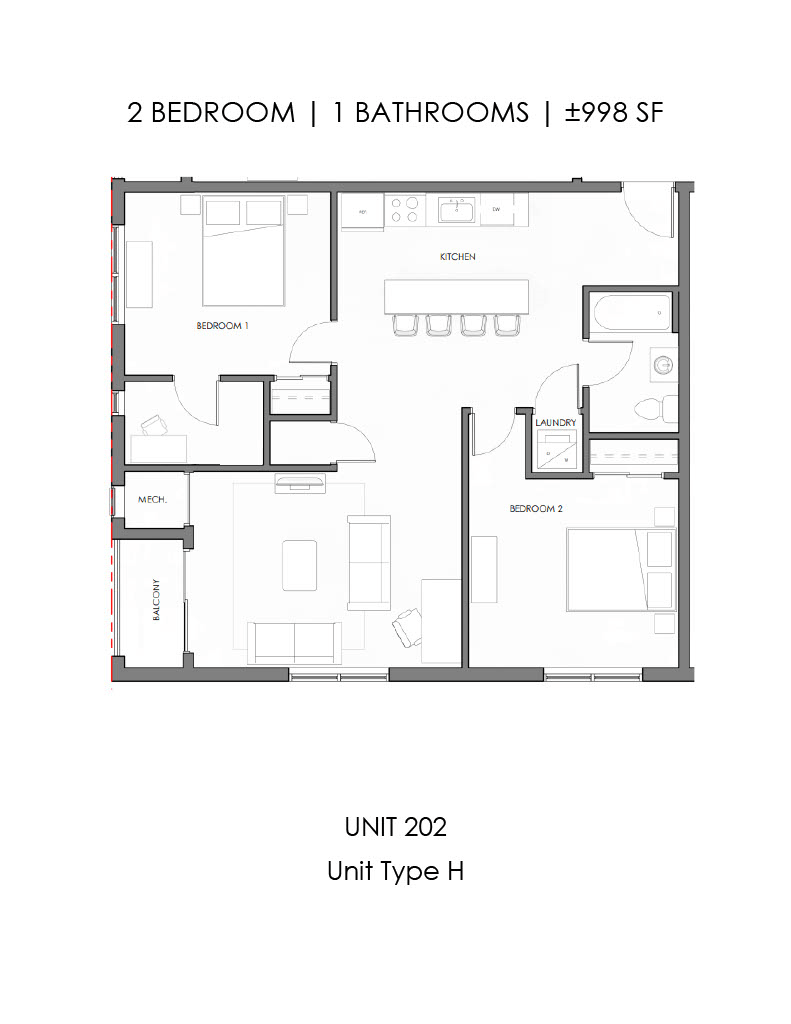Floor plan for 2 beds, 1 bath, 998 sqft